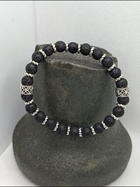 Hand Crafted Black Lava Bead Bracelet with Silver Accents